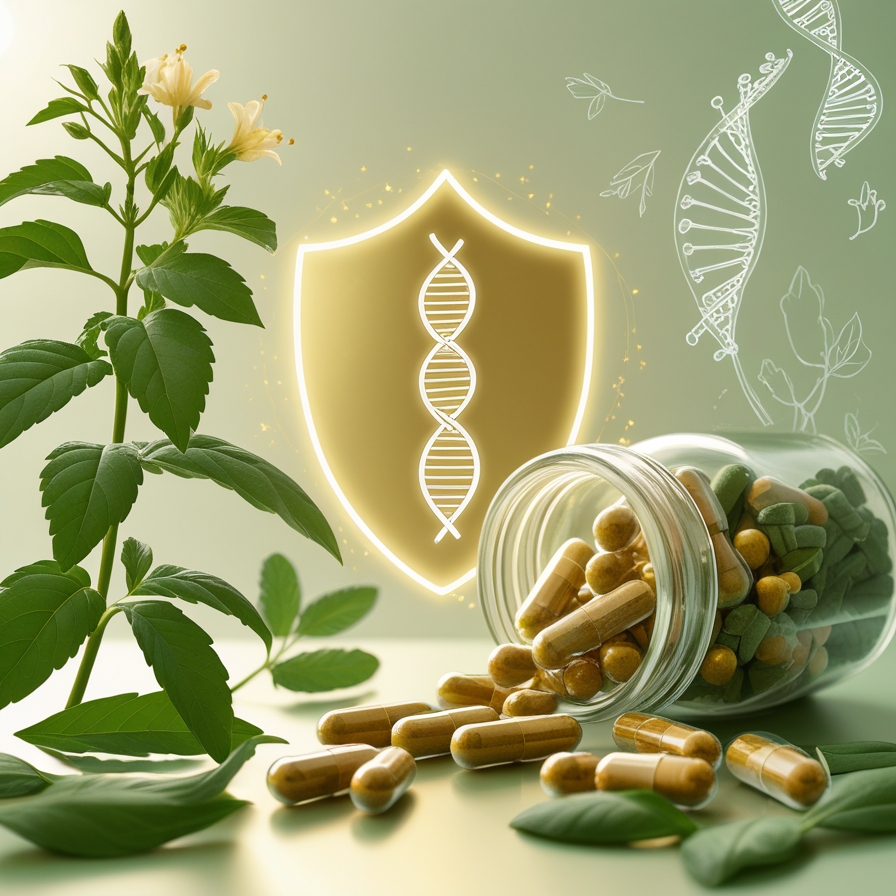 Glass jar with herbal capsules and Andrographis leaves surrounded by a glowing shield aura symbolizing natural immune protection and recovery