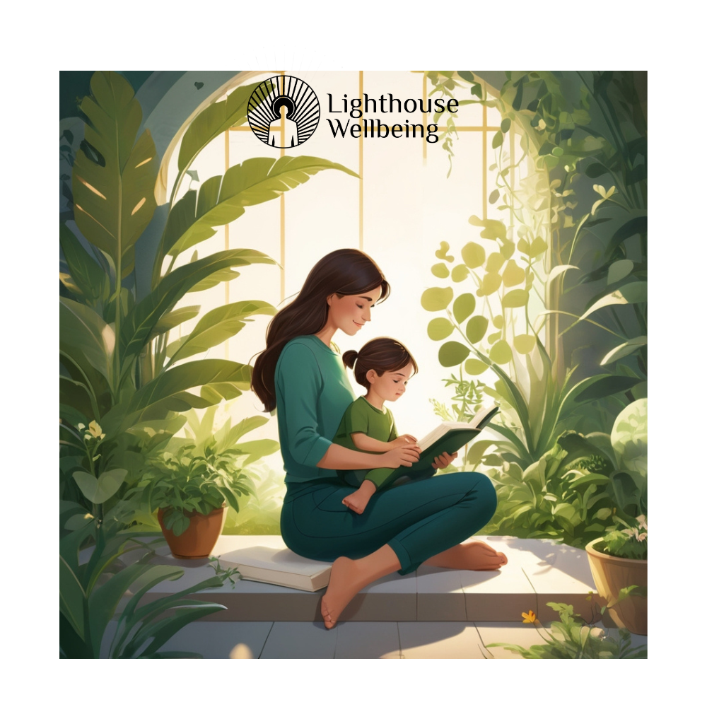 Sitting in front of a windon a mother with calm child sitting on her lap reading a book, focus and calm energy, surrounded by plants