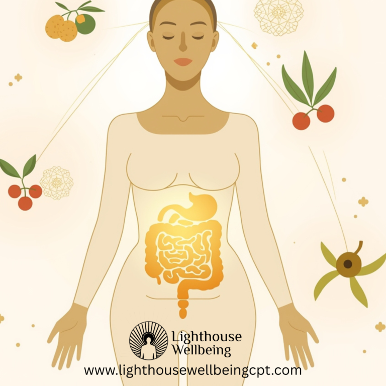 Illustration of a woman with a glowing gut area, Triphala fruits and subtle brain connections, symbolizing gut health and FocusGut support